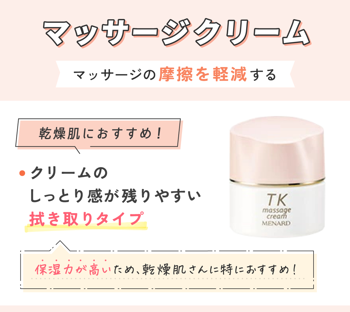 マッサージクリームはマッサージの摩擦を軽減する。クリームのしっとり感が残りやすい拭き取りタイプは保湿力が高いため乾燥肌さんに特におすすめ！