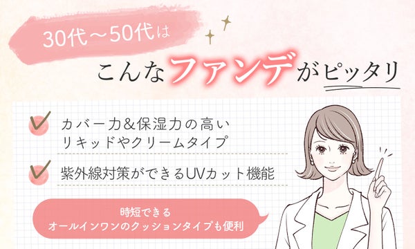 30代〜50代はカバー力&保湿力の高いリキッドやクリームタイプや紫外線対策ができるUVカット機能があるタイプがピッタリ。時短できるオールインワンのクッションタイプも便利。