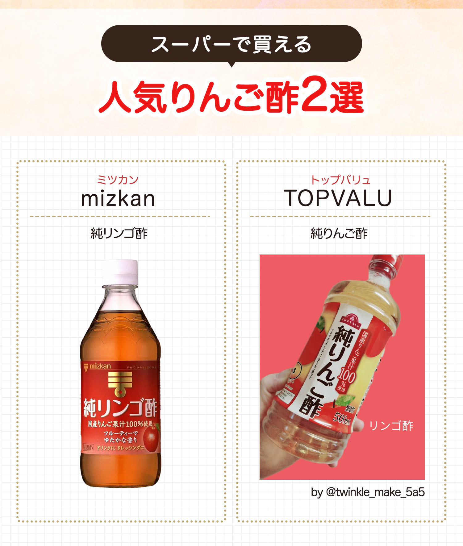 スーパーで買える人気りんご酢2選は、mizkan（ミツカン）純リンゴ酢・TOPVALU（トップバリュ）純りんご酢。