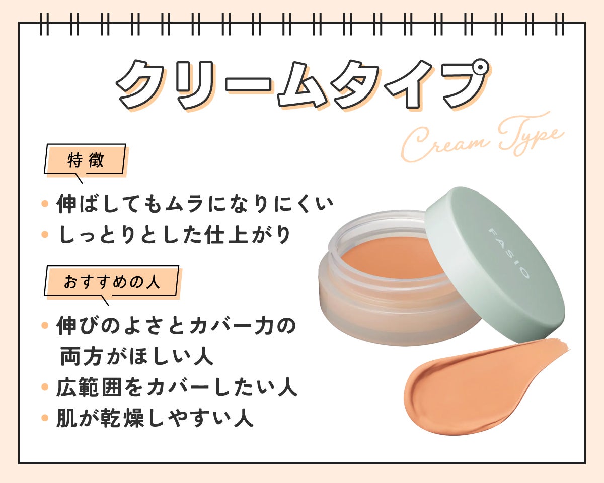 クリームタイプは伸ばしてもムラになりにくくしっとりとした仕上がり。伸びのよさとカバー力の両方がほしい人・広範囲をカバーしたい人・肌が乾燥しやすい人におすすめ。