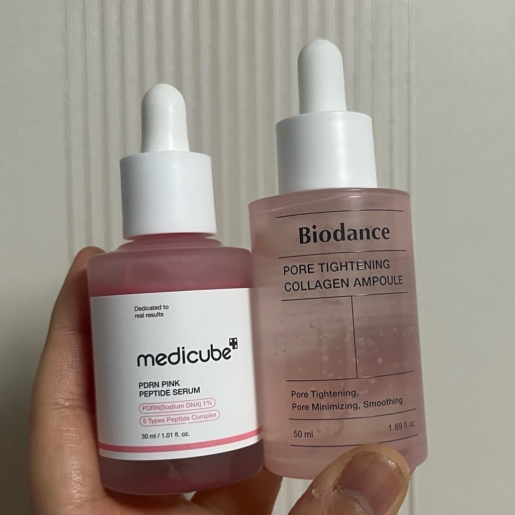 コラーゲンセラム✨
Medicubeさんのピンクセラムは香りが良く、ベタつかず初心者さんにもおすすめ！✨ 美容機器と一緒に使うとより効果的かも！(配送中🚚)

バイオダンスさんのセラムは上級者さん向け？🤔 内側からしっかり保湿されて、も