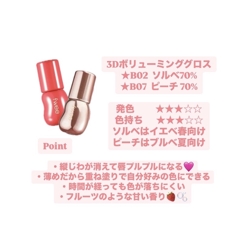 フィー 3Dボリューミンググロス/fwee/リップグロスを使ったクチコミ（2枚目）
