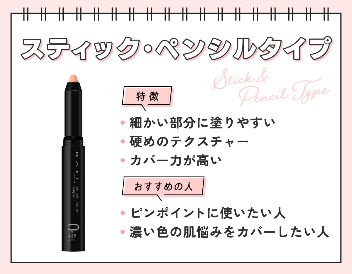 スティック・ペンシルタイプは細かい部分に塗りやすい。硬めのテクスチャーでカバー力が高いのが特徴。ピンポイントに使いたい人や濃い色の肌悩みをカバーしたい人におすすめ。