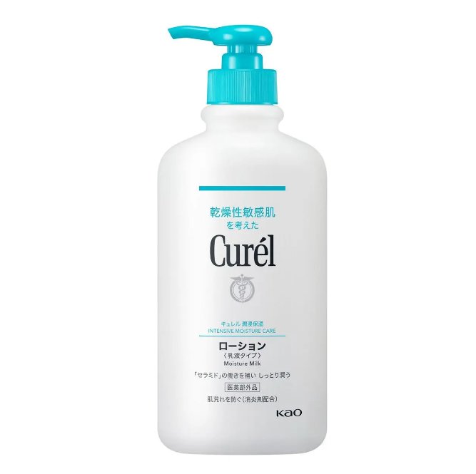 【使った商品】
キュレル　ローション　410ml
【商品の特徴】
伸ばしやすい軽めのローションなのに保湿力がとても高い
【良いところ】
・全身に使いやすい伸びのいいテクスチャー
・ベタつかないのですぐに服を着ても不快感がない
・保湿力が24