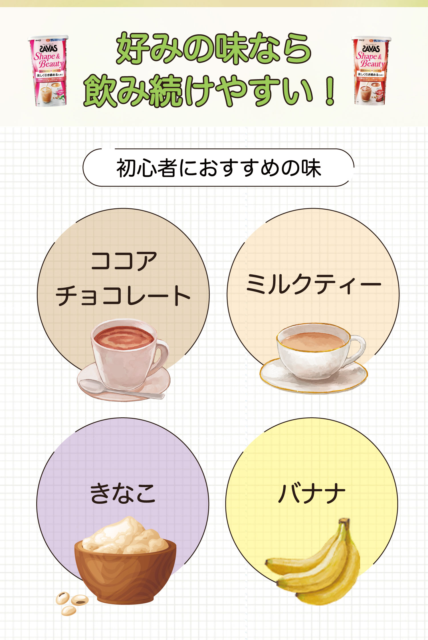 好みの味なら飲み続けやすい！初心者におすすめの味ココア・チョコレート、ミルクティー、きなこ、バナナ。