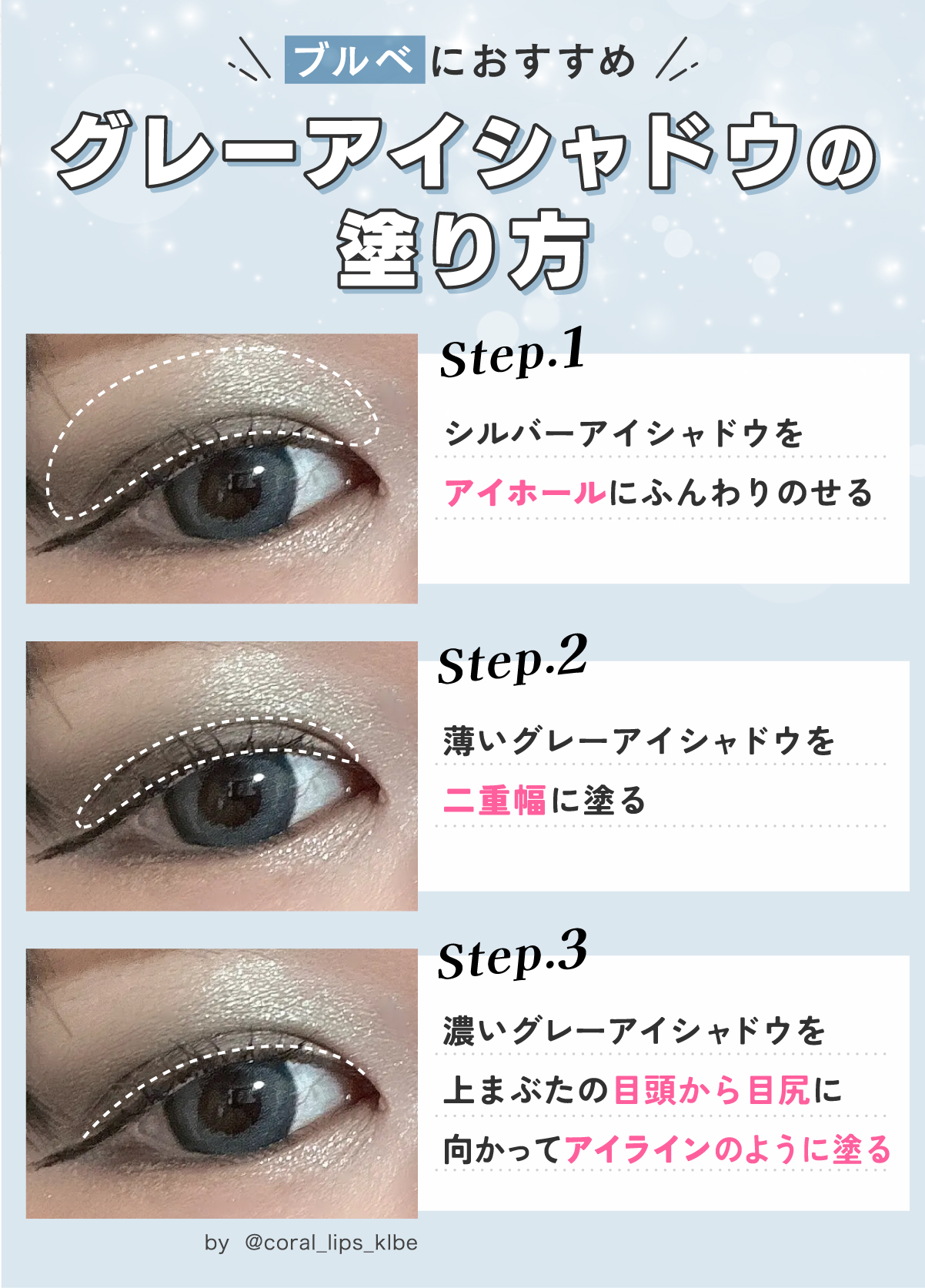 ブルベにおすすめグレーアイシャドウの塗り方。シルバーアイシャドウをアイホールにふんわりのせる。薄いグレーアイシャドウを二重幅に塗る。濃いグレーアイシャドウを上まぶたの目頭から目尻に向かってアイラインのように塗る。