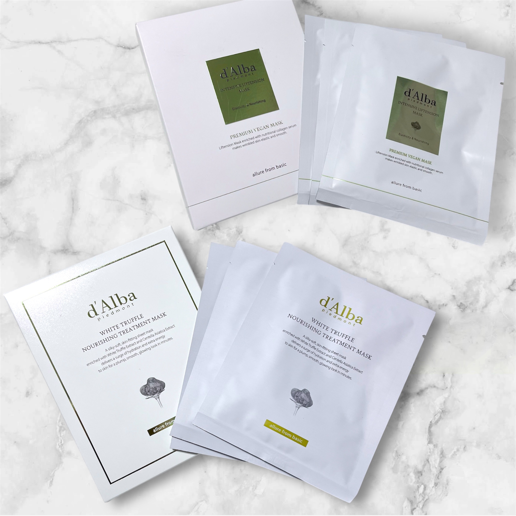 【ダルバ】
◼︎ インテンシブリフテンションマスク
◼︎ ホワイトトリュフナリシングトリートメントマスク

ダルバのパックを初めて使ってみました！

インテンシブリフテンションマスクは厚手のマスク。
切り込みの入っている形が面白く、フェイス