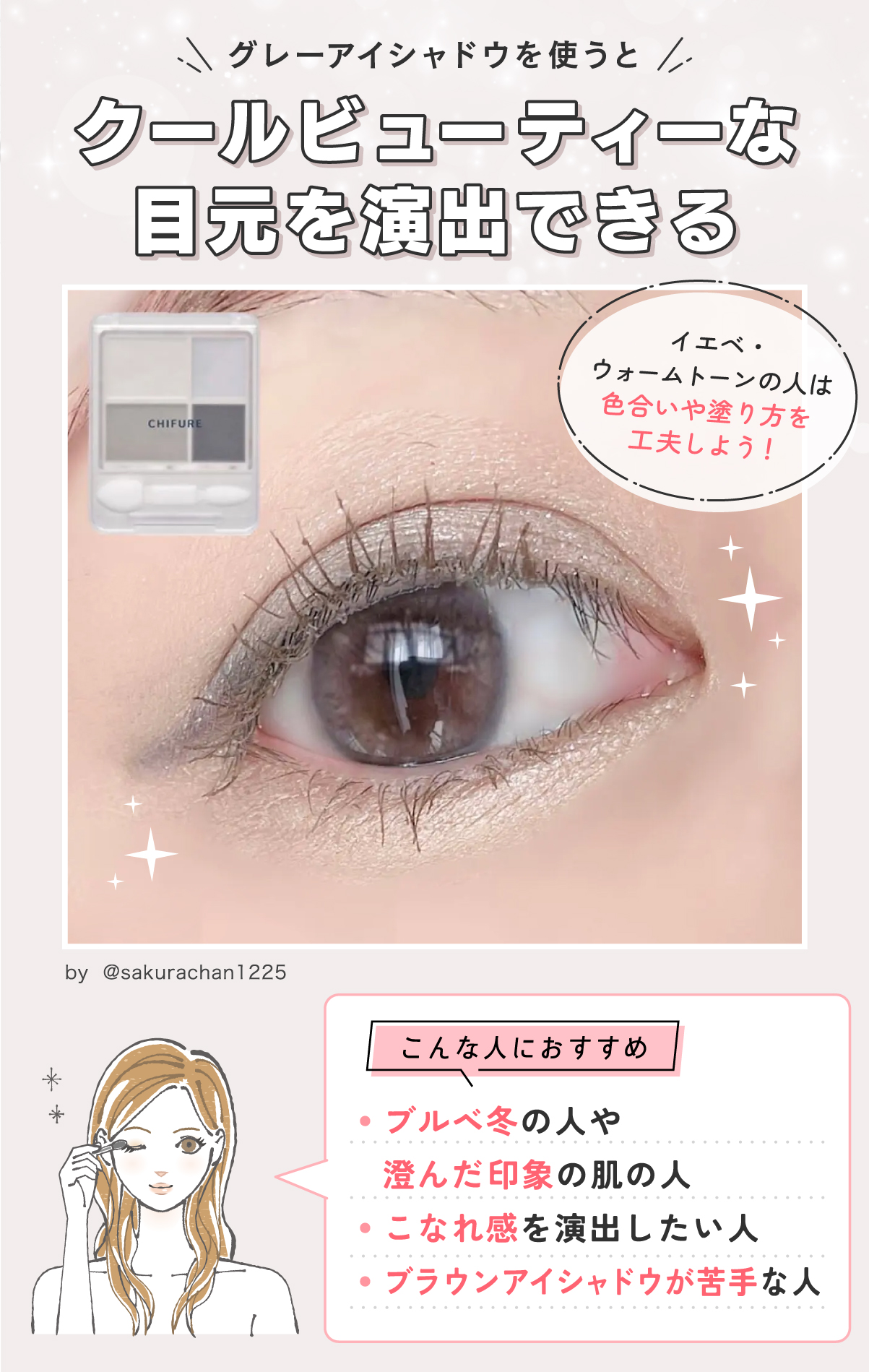 グレーアイシャドウを使うとクールビューティーな目元を演出できる。ブルベ冬の人や澄んだ印象の肌の人・こなれ感を演出したい人・ブラウンアイシャドウが苦手な人におすすめ。イエベ・ウォームトーンの人は色合いや塗り方を工夫しよう！