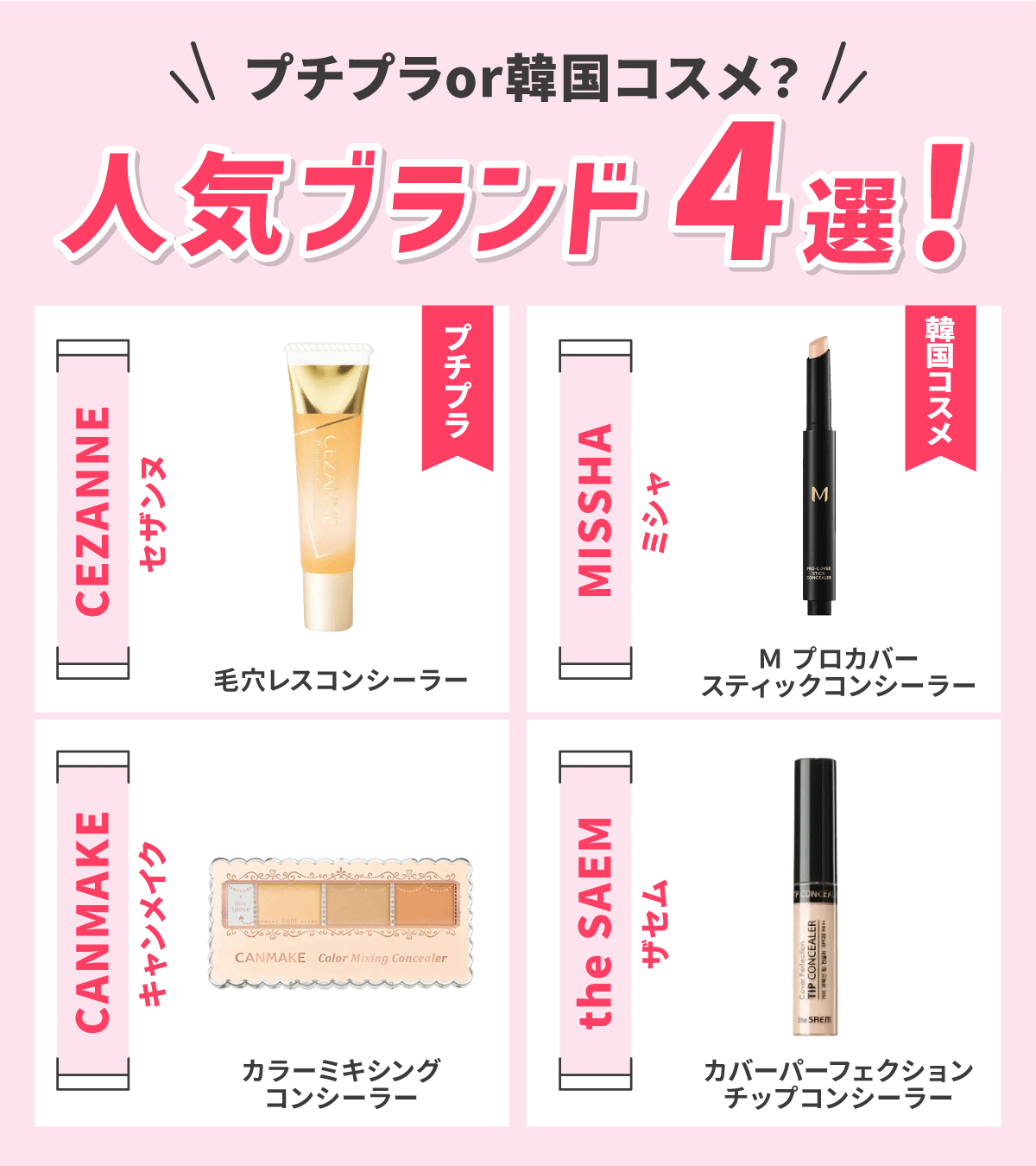 プチプラor韓国コスメ?人気ブランド4選!プチプラはCEZANNE(セザンヌ)毛穴レスコンシーラー・CANMAKE(キャンメイク)カラーミキシングコンシーラー。韓国コスメはMISSHA(ミシャ)M プロカバー スティックコンシーラー・the SAEM(ザセム)カバーパーフェクション チップコンシーラー。