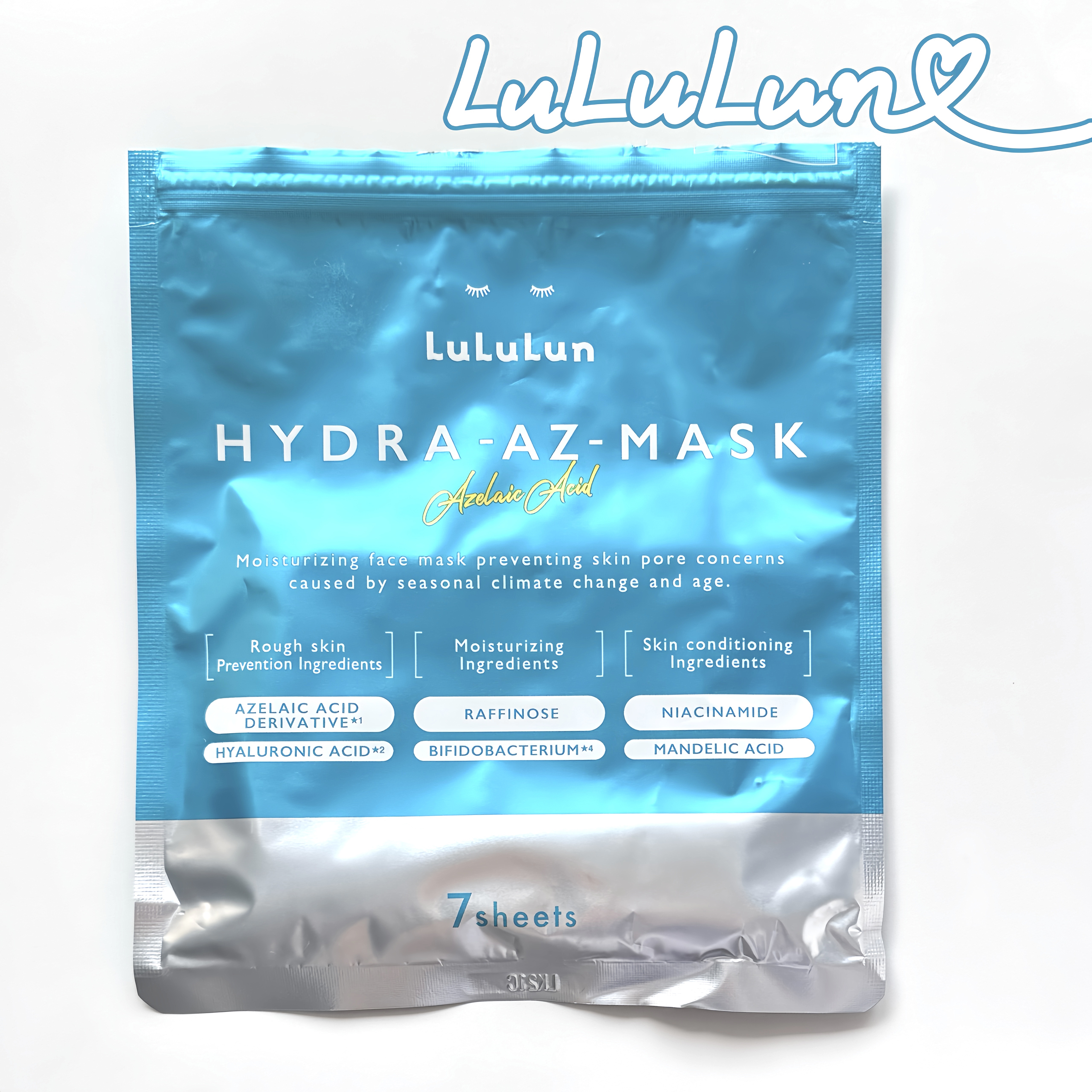 ルルルンさまからいただきました。

毎日朝晩の化粧水代わりとして使えるアゼライン酸誘導体＊配合のフェイスマスク。
（＊肌荒れ防止成分：アゼロイルジグリシンK）

さっぱりとした使用感で、私はメイク前に使うのがお気に入りでした。

シートや液