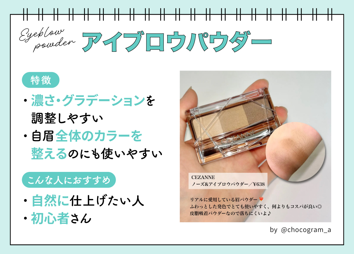 アイブロウパウダーは濃さ・グラデーションを調整しやすく、自眉全体のカラーを整えるのに使いやすいのが特徴。自然に仕上げたい人や初心者さんにおすすめ。