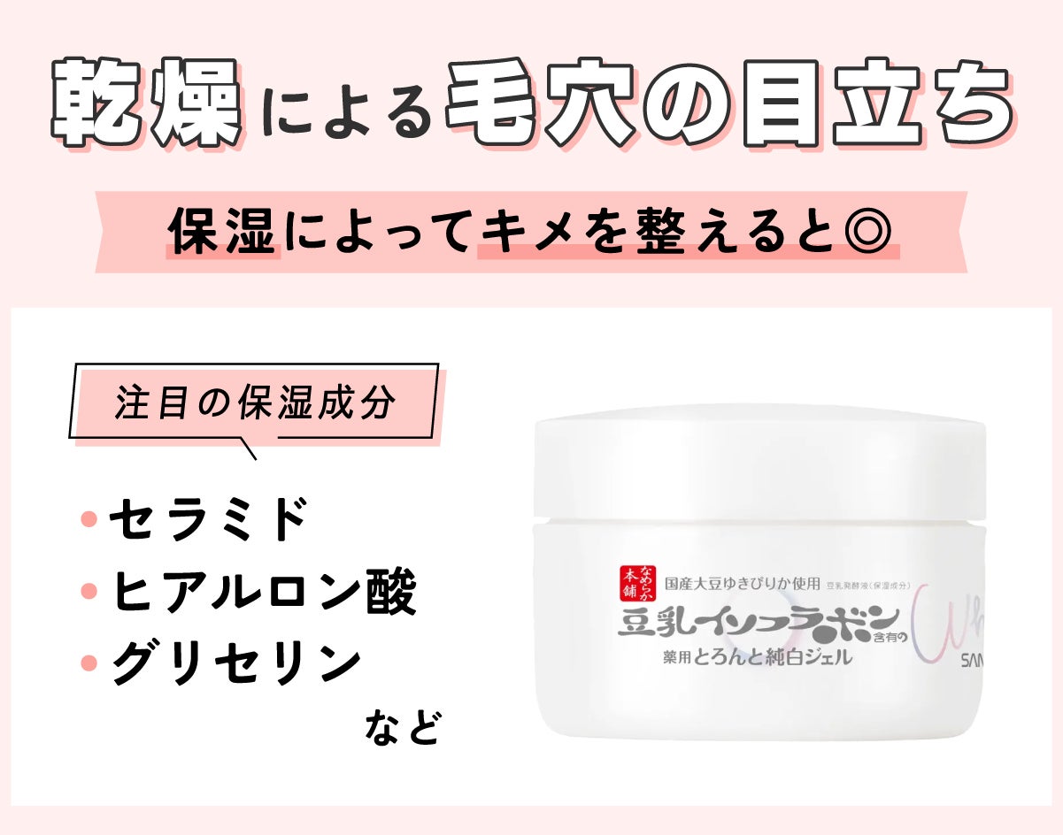 乾燥による毛穴の目立ちは保湿によってキメを整えると◎。注目の保湿成分はセラミド・ヒアルロン酸・グリセリンなどです。