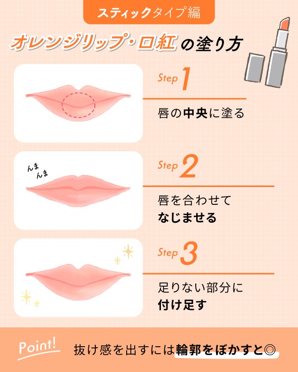 【スティックタイプ編】オレンジリップ・口紅の塗り方。唇の中央に塗り唇を「んまっ」と合わせてなじませる。足りない部分に付け足す。抜け感を出すには輪郭をぼかすと◎。