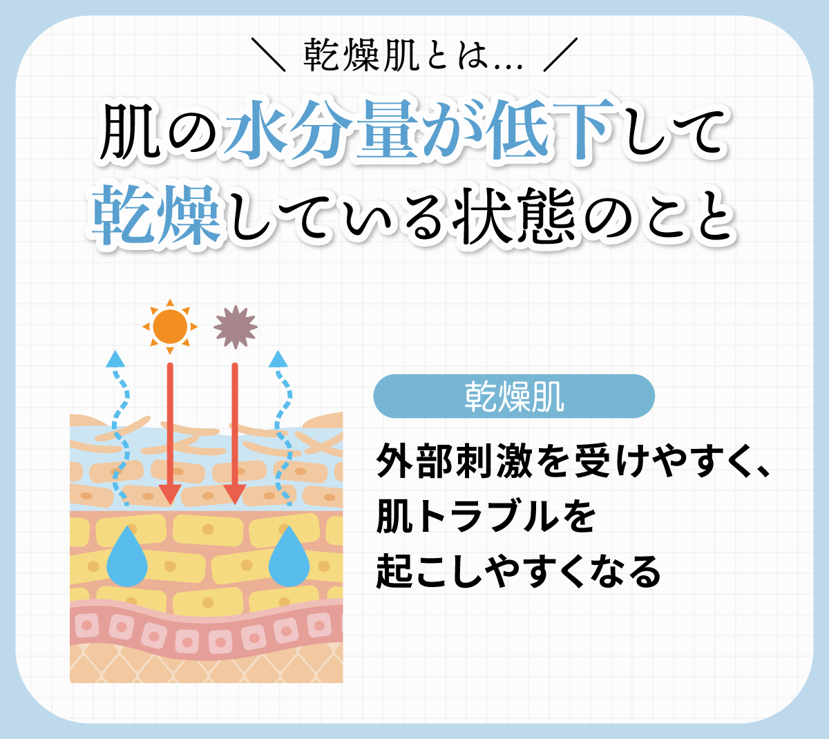 乾燥肌とは肌の水分量が低下して乾燥している状態のこと。乾燥肌だと外部刺激を受けやすく、肌トラブルを起こしやすくなる。