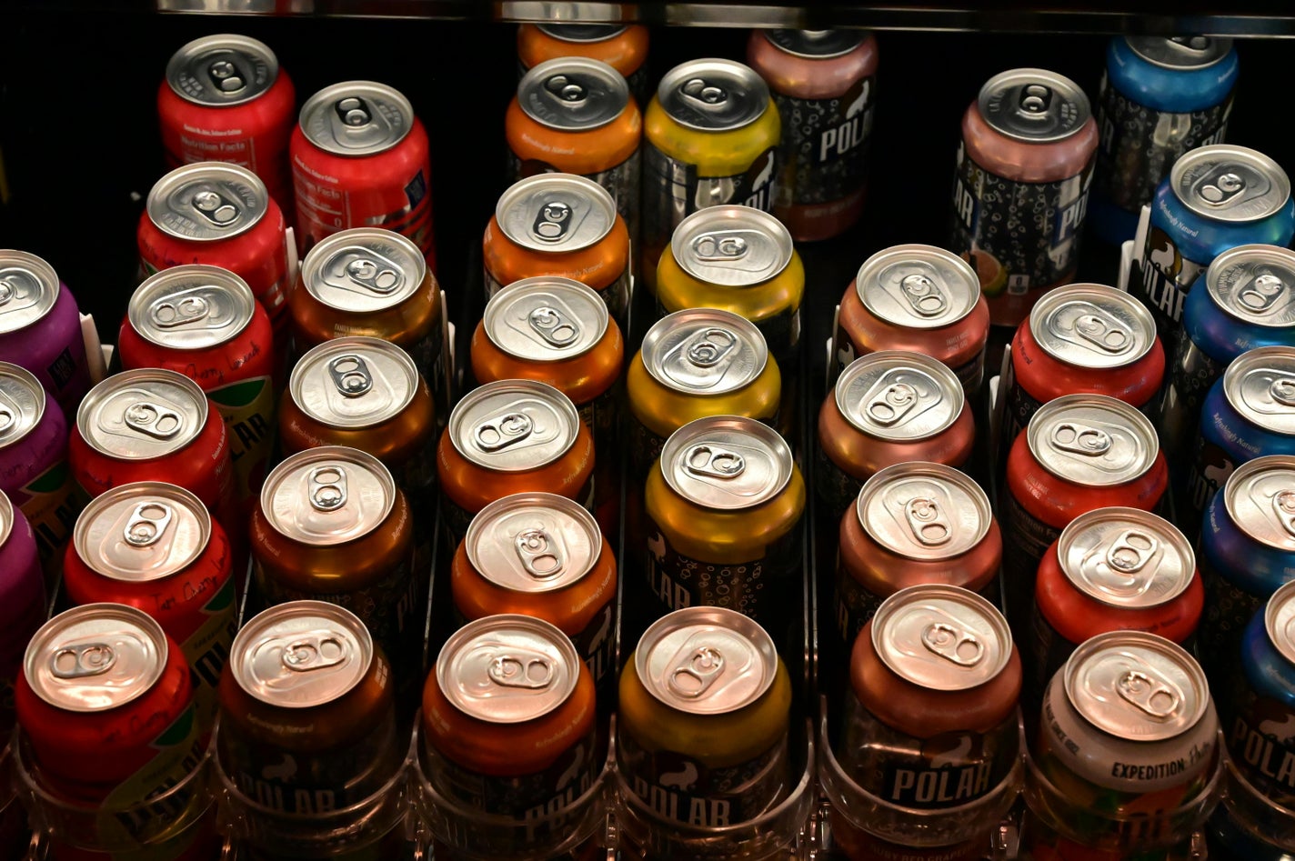 たくさんの缶の飲み物が陳列されている様子