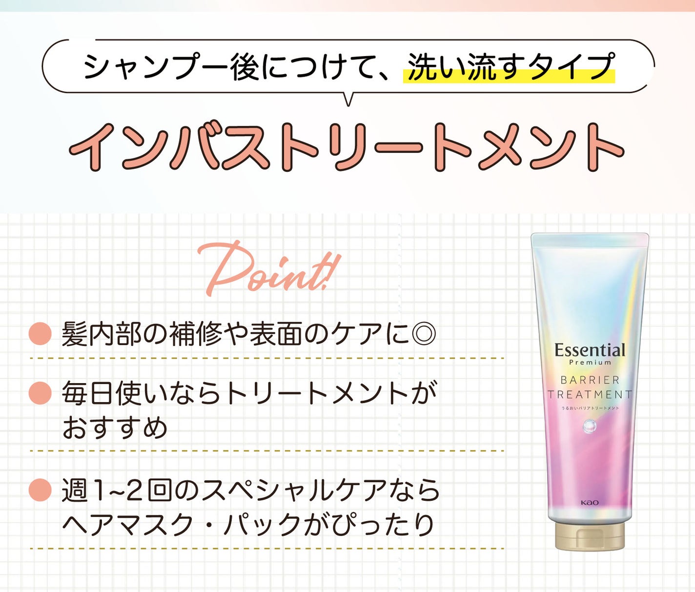 インバストリートメントはシャンプー後につけて洗い流すタイプ。髪内部の補修や表面のケアに◎毎日使いならトリートメントがおすすめ。週1~2回のスペシャルケアならヘアマアスク・パックがぴったり。