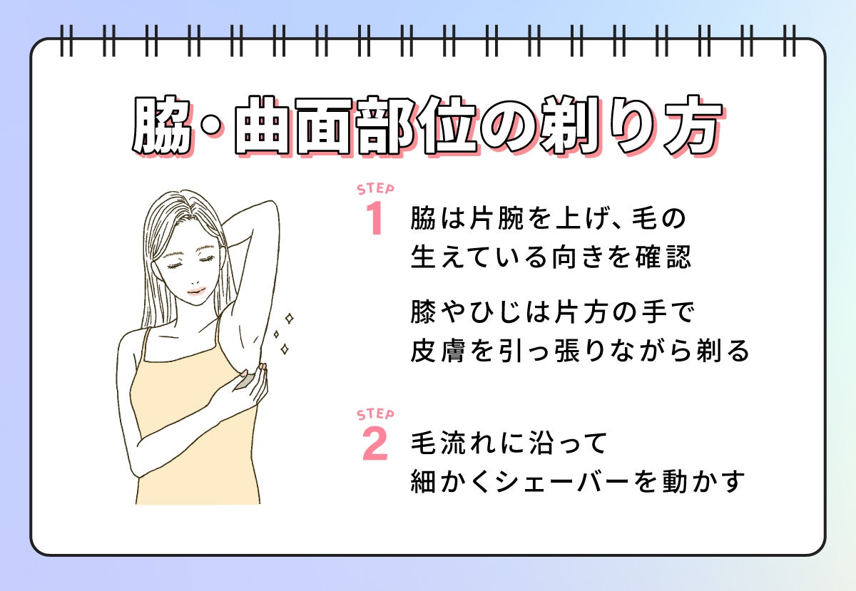 脇・曲面部位の剃り方。脇は片腕を上げ、毛の生えている向きを確認。膝やひじは片方の手で皮膚を引っ張りながら剃る。毛流れに沿って細かくシェーバーを動かす。