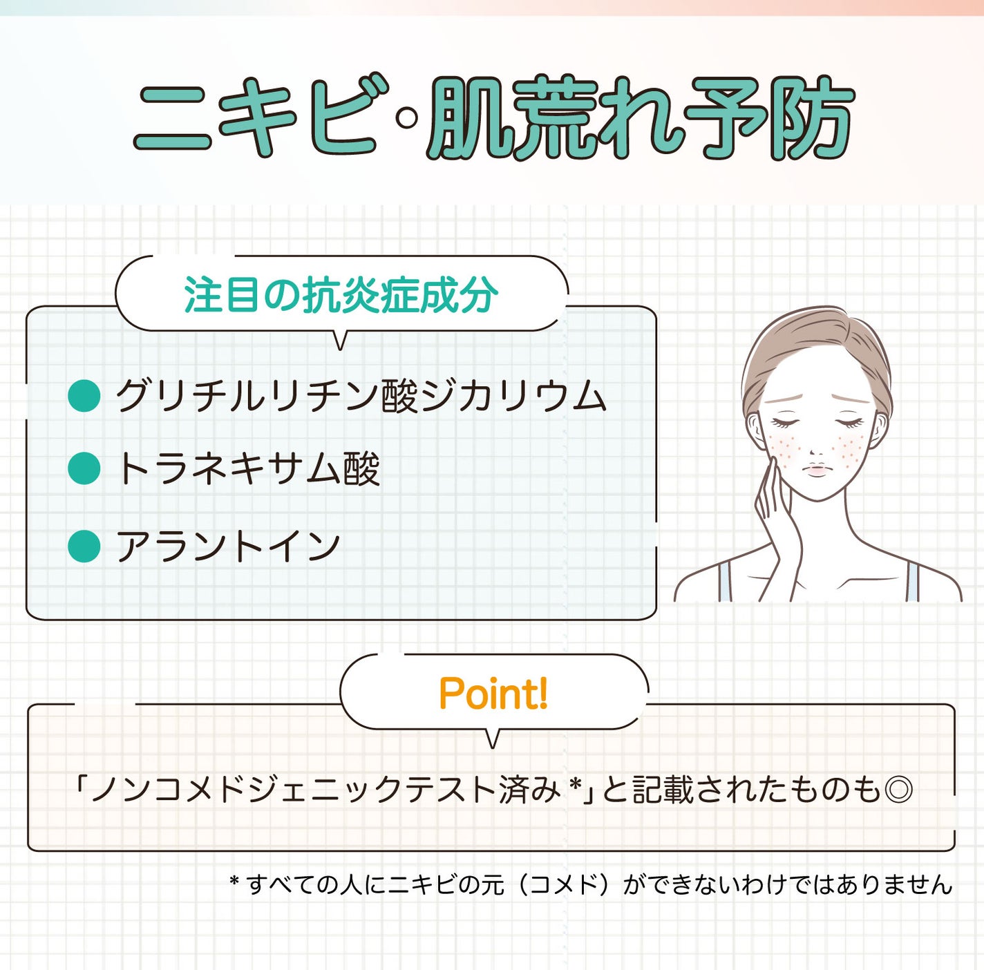 ニキビ・肌荒れ予防にはグリチルリチン酸ジカリウム・トラネキサム酸・アラントインの抗炎症成分がおすすめ。「ノンコメドジェニックテスト済み*」と記載されたものも◎。*すべての人にニキビの元(コメド)ができないわけではありません