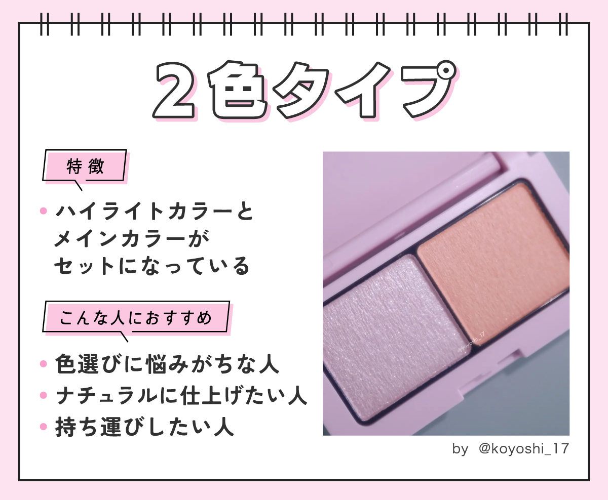2色タイプはハイライトカラーとメインカラーがセットになっているのが特徴。色選びに悩みがちな人・ナチュラルに仕上げたい人・持ち運びしたい人におすすめ。
