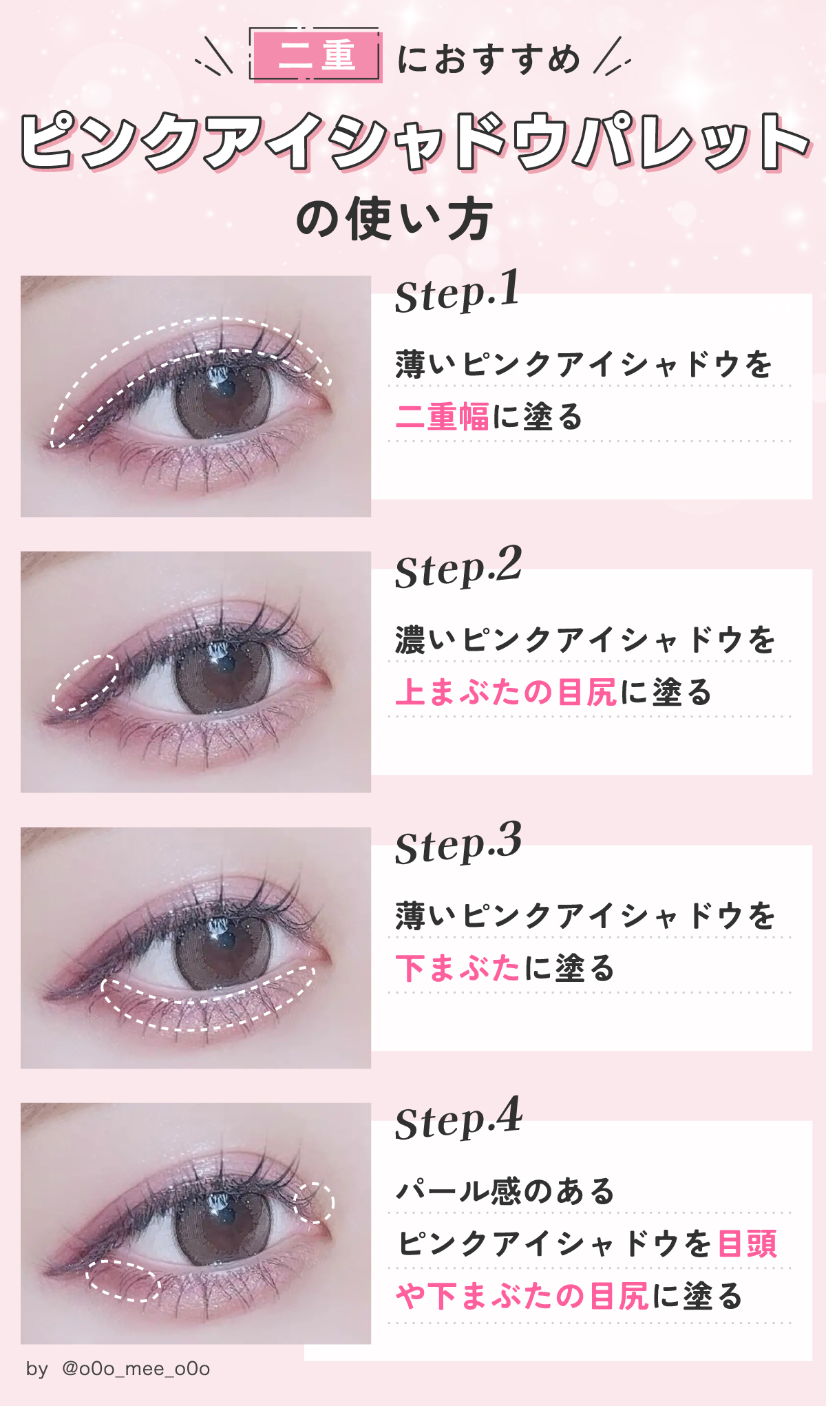 二重におすすめ。ピンクアイシャドウパレットの使い方。薄いピンクアイシャドウを二重幅に塗る。濃いピンクアイシャドウを上まぶたの目尻に塗る。薄いピンクアイシャドウを下まぶたに塗る。パール感のあるピンクアイシャドウを目頭や下まぶたの目尻に塗る。