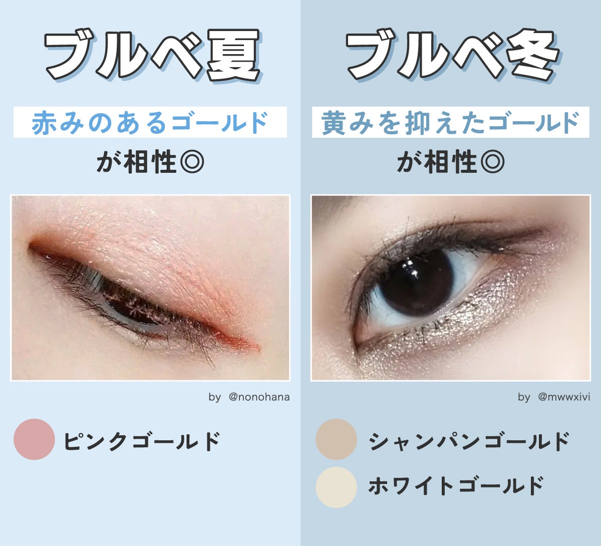 ブルベ夏はピンクゴールドの赤みのあるゴールドが相性◎ブルベ冬はシャンパンゴールドやホワイトゴールドの黄みを抑えたゴールドが相性◎