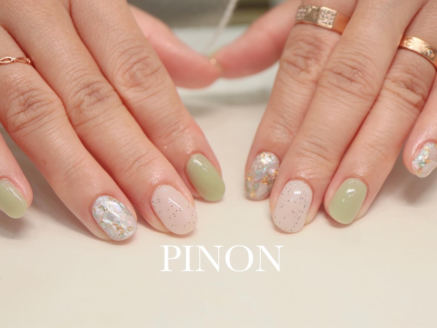 #シェルネイル,#グリーンネイル,#定額ネイルのネイルデザイン