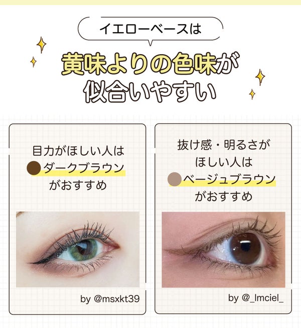 イエローベースは黄味よりの色味が似合いやすい。目力がほしいならダークブラウン、抜け感・明るさがほしいならベージュブラウンがおすすめ。