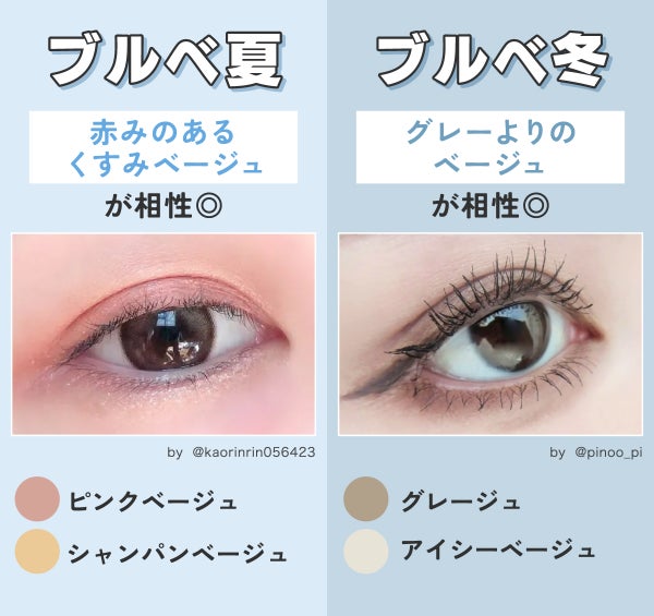 ブルベ夏にはピンクベージュやシャンパンベージュなど赤みのあるくすみベージュが相性◎。ブルベ冬にはグレージュやアイシーベージュなどグレーよりのベージュが相性◎。