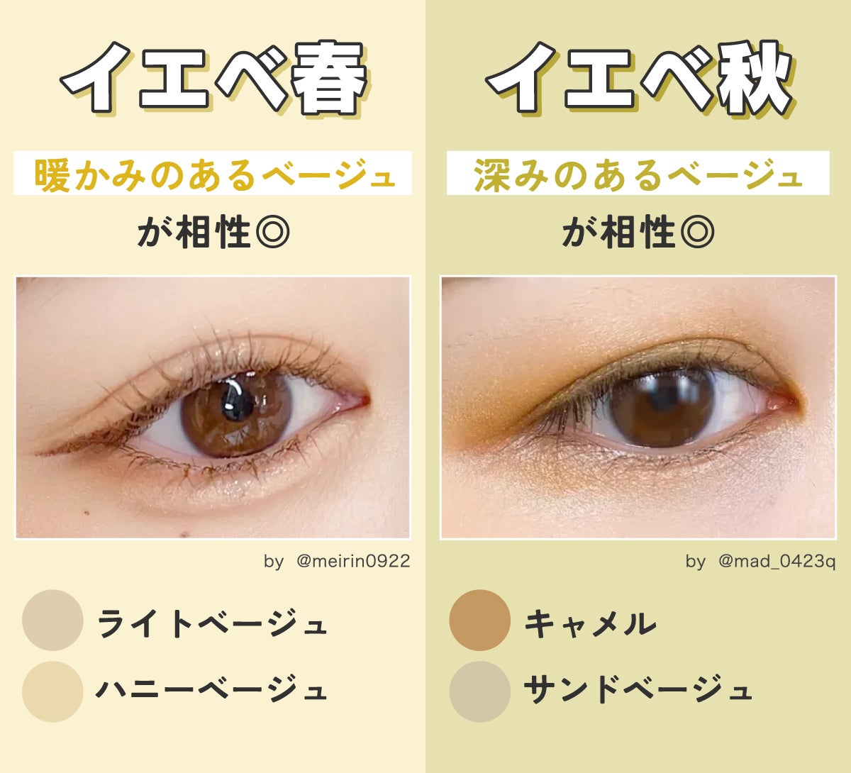 イエベ春にはライトベージュやハニーベージュなど暖かみのあるベージュが相性◎。イエベ秋にはキャメルやサンドベージュなど深みのあるベージュが相性◎。