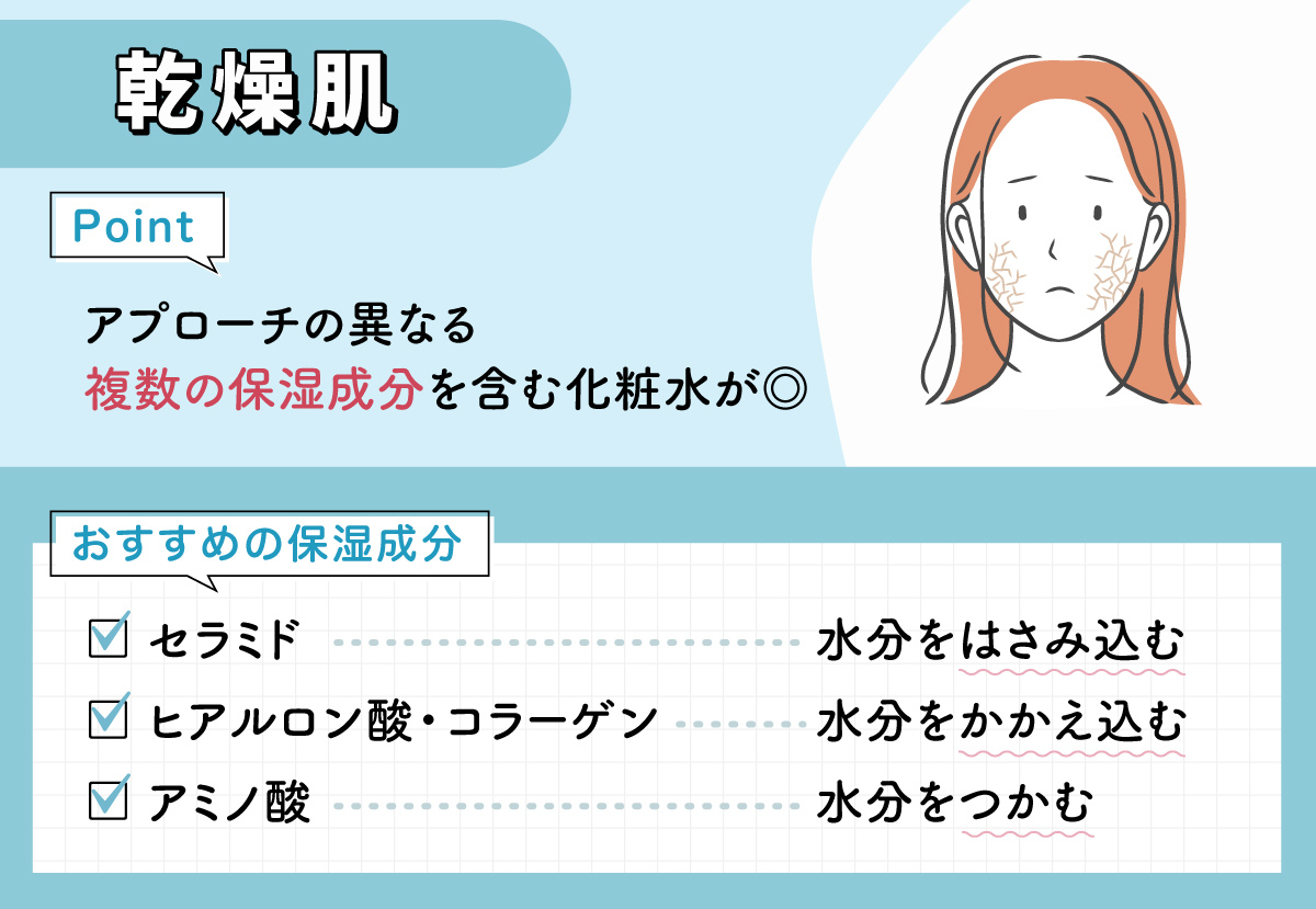 乾燥肌はアプローチの異なる複数の保湿成分を含む化粧水が◎。おすすめの保湿成分は水分をはさみ込むセラミド、水分をかかえ込むヒアルロン酸・コラーゲン、水分をつかむアミノ酸。
