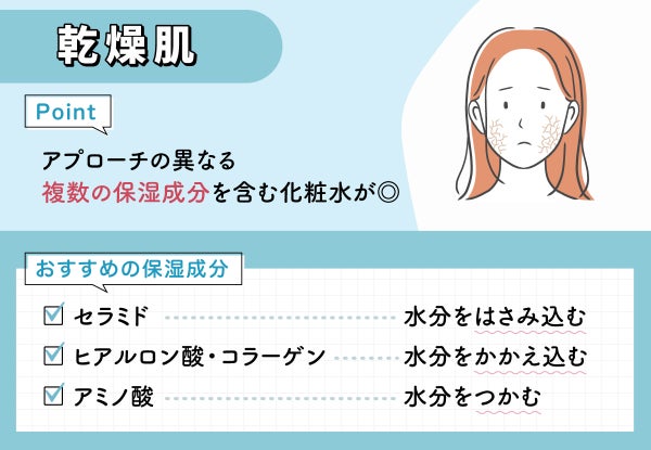 乾燥肌はアプローチの異なる複数の保湿成分を含む化粧水が◎。おすすめの保湿成分は水分をはさみ込むセラミド、水分をかかえ込むヒアルロン酸・コラーゲン、水分をつかむアミノ酸。