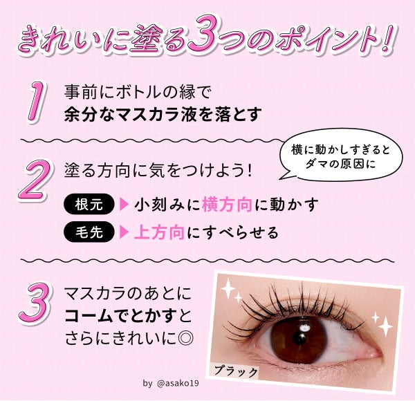 きれいに塗る3つのポイント!事前にボトルの縁で余分なマスカラ液を落とす。塗る方向に気をつけよう!根元は小刻みに横方向に動かし毛先は上方向にすべらせる。横に動かしすぎるとダマの原因になります。マスカラのあとにコームでとかすとさらにきれいに。