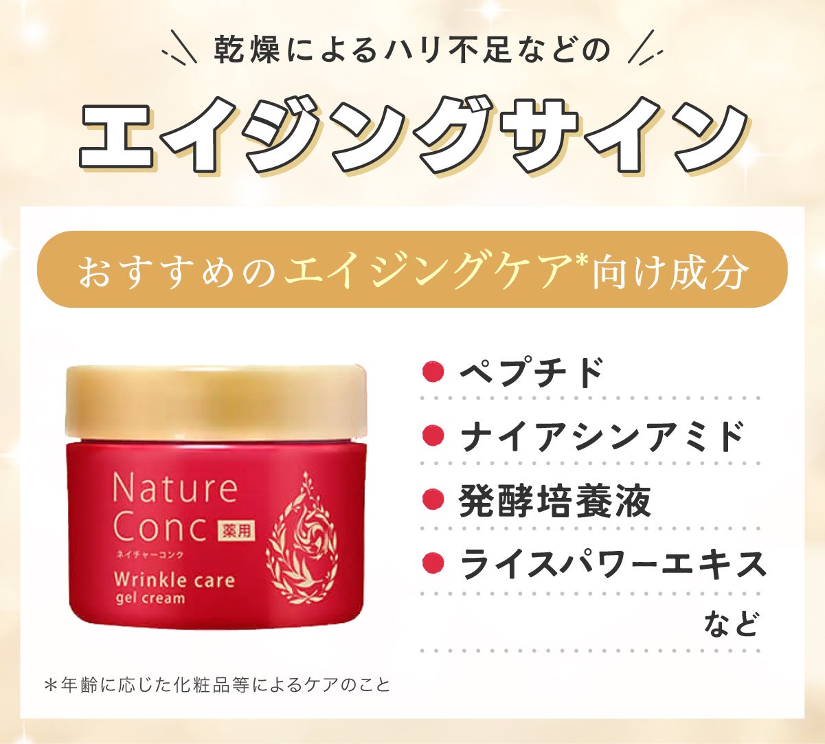 乾燥によるハリ不足などのエイジングサインにおすすめのエイジングケア*向け成分はペプチド・ナイアシンアミド・発酵培養液・ライスパワーエキスなど。*年齢に応じた化粧品等によるケアのこと