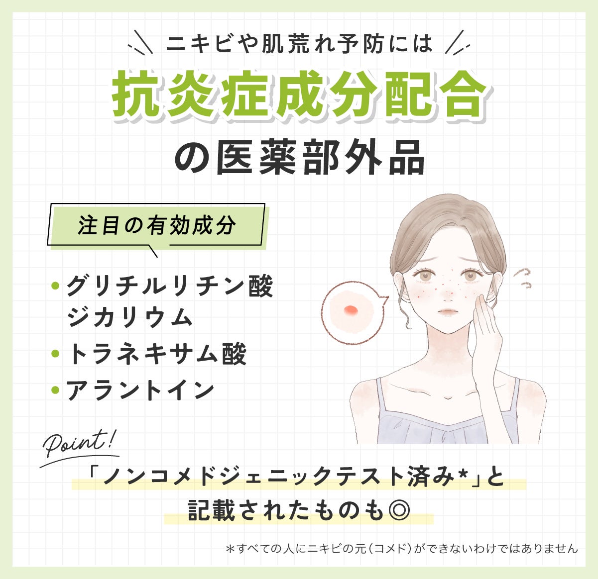 ニキビや肌荒れ予防には抗炎症成分配合の医薬部外品がおすすめ。注目の有効成分はグリチルリチン酸ジカリウム・トラネキサム酸・アラントイン。「ノンコメドジェニックテスト済み*」と記載されたものも◎*すべての人にニキビの元(コメド)ができないわけではありません