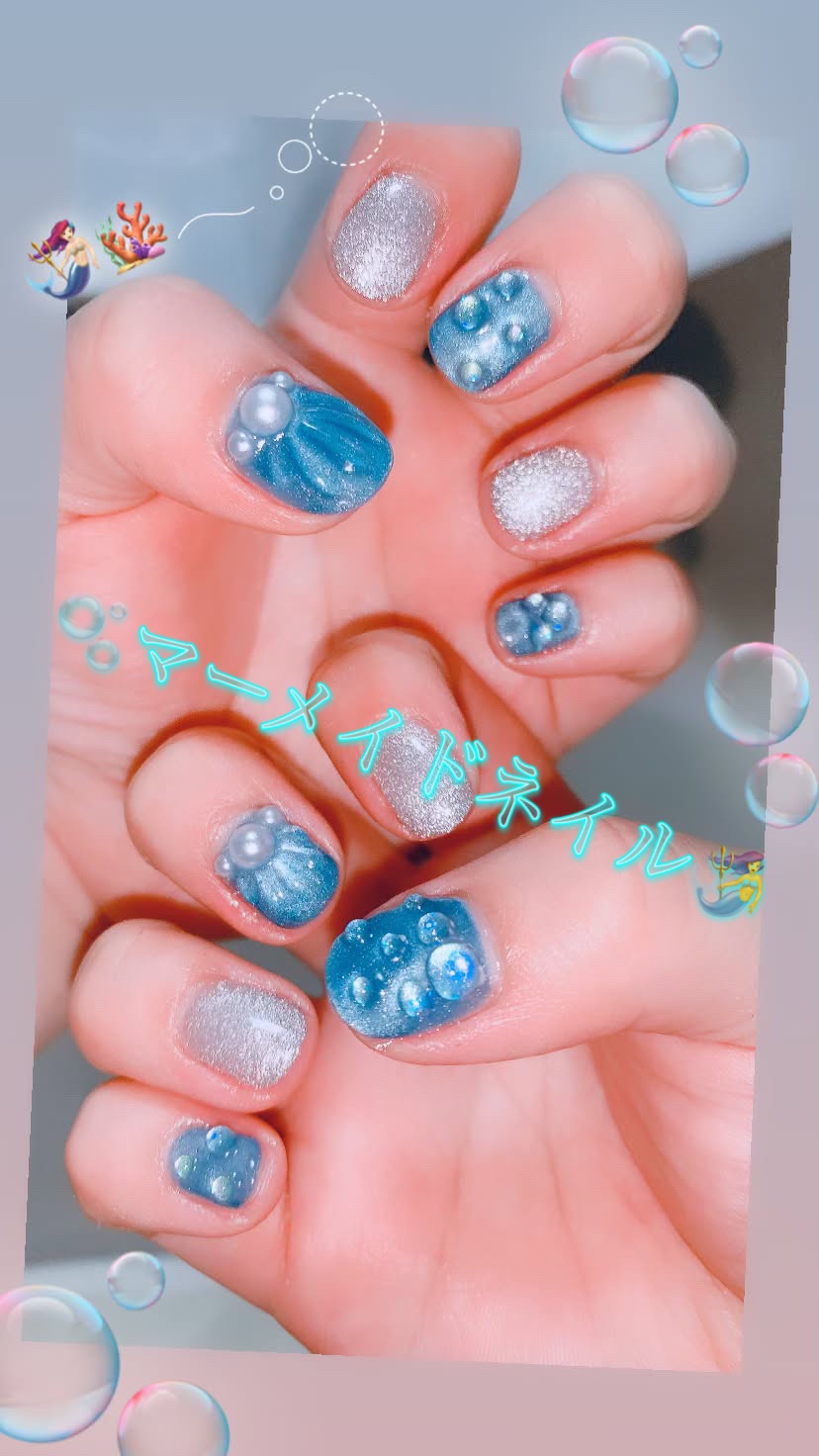 #マーメイドネイル,#セルフネイル,#ジェルネイル,#ダイソージェルネイル,#セリアジェルネイルのネイルデザイン