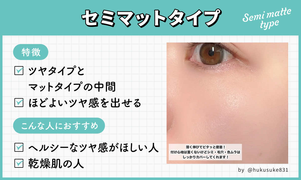 セミマットタイプはツヤタイプとマットタイプの中間でほどよいツヤ感を出せるのが特徴。ヘルシーなツヤ感がほしい人や乾燥肌の人におすすめ。