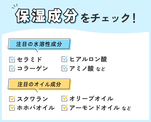 保湿成分をチェック!注目の水溶性成分はセラミド・ヒアルロン酸・コラーゲン・アミノ酸など。注目のオイル成分はスクワラン・オリーブオイル・ホホバオイル・アーモンドオイルなどです。