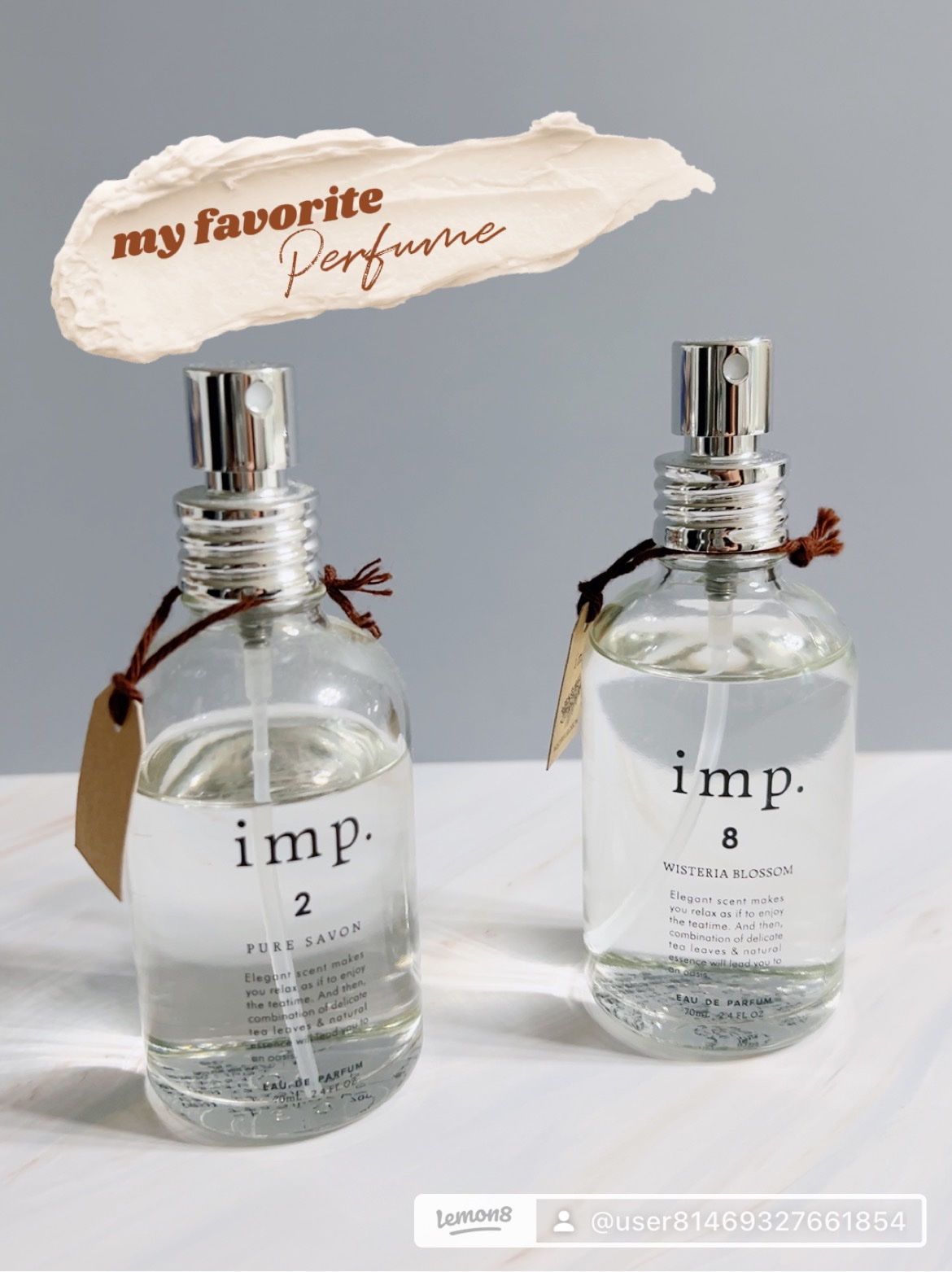 imp. imp.8　WISTERIA BLOSSOM (ウィステリアブロッサム)のクチコミ「私のお気に入り💕
ほのかな香りが好き。
№２と№8を愛用中

#パフューム#香り#香水#オーデ.....」（1枚目）