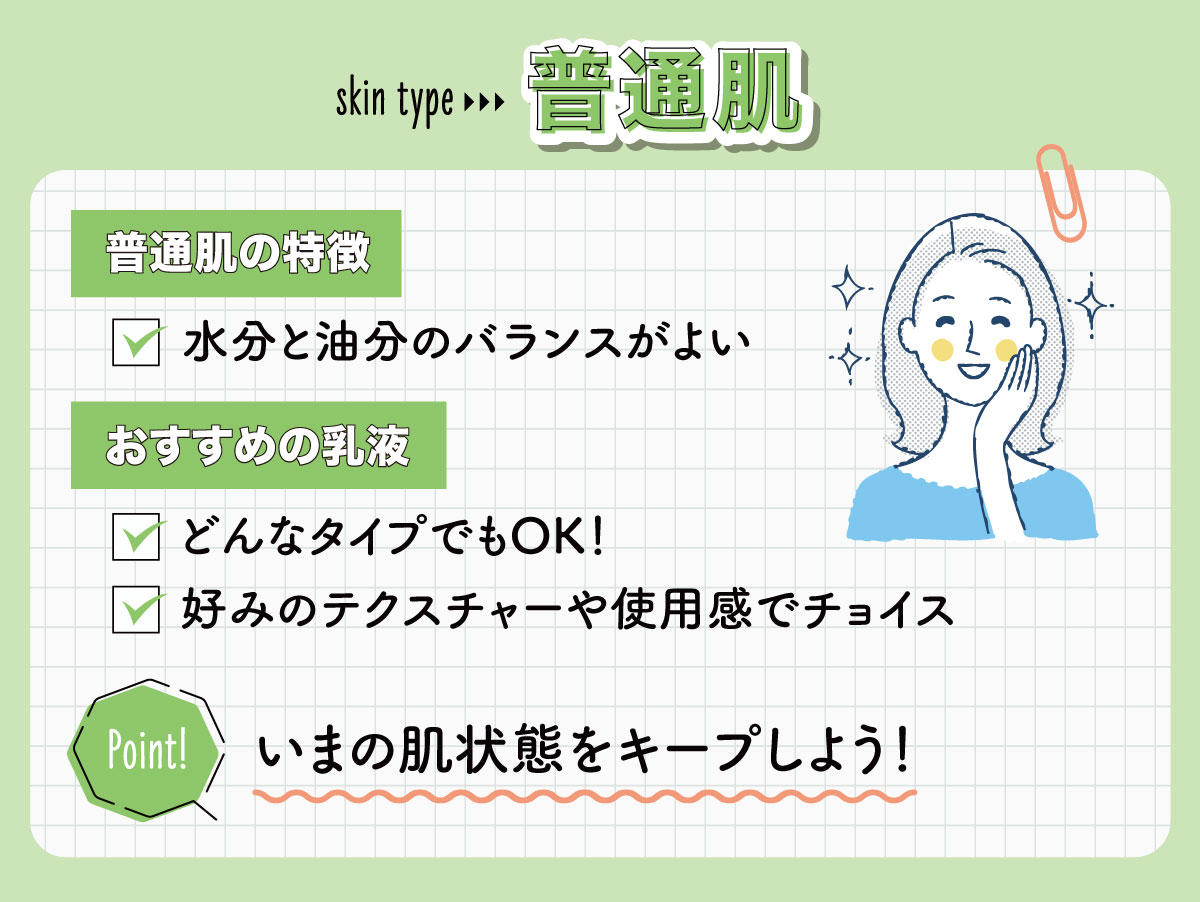 普通肌は、水分と油分のバランスがよいのが特徴。どんなタイプの乳液でもOK！好みのテクスチャーや使用感でチョイス。いまの肌状態をキープしよう！
