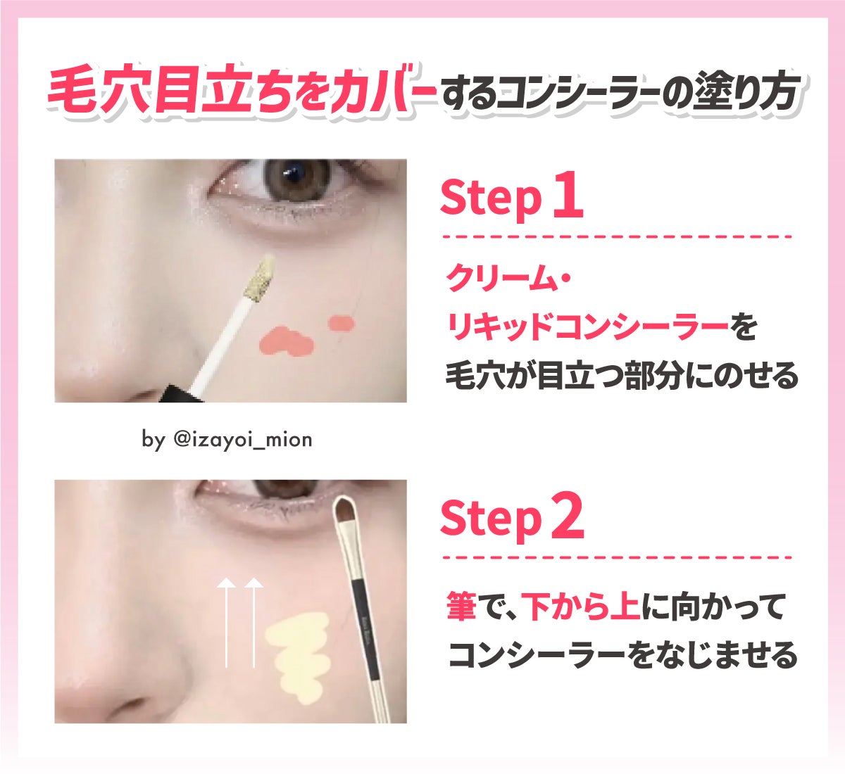 毛穴目立ちをカバーするコンシーラーの塗り方。クリーム・リキッドコンシーラーを毛穴が目立つ部分にのせ、筆で、下から上に向かってコンシーラーをなじませる。