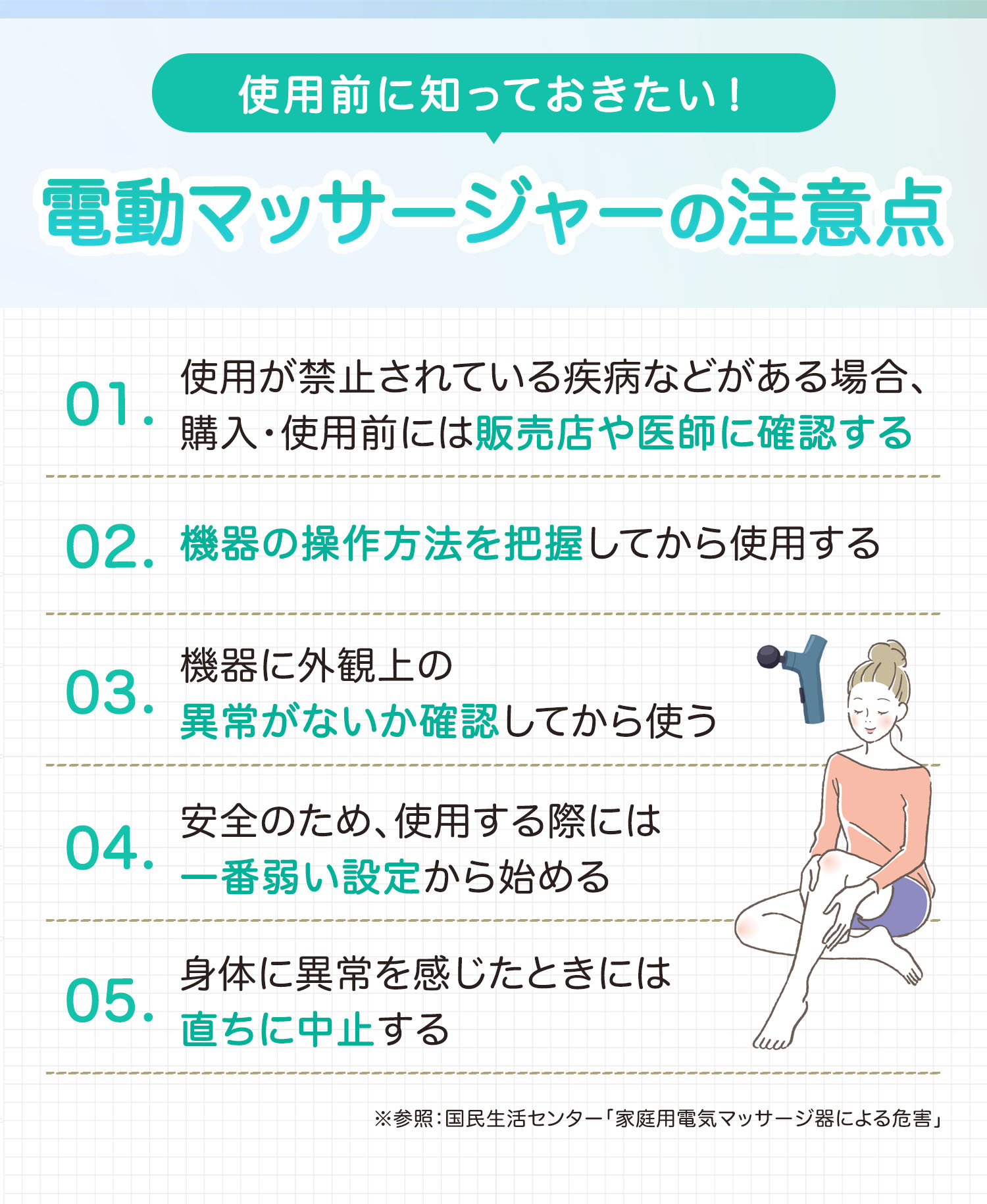 使用前に知っておきたい！電動マッサージャーの注意点。使用が禁止されている疾病などがあるので購入・使用前には販売店や医師に確認する。機器の操作方法を把握してから使用する。機器に外観上の異常がないか確認してから使う。安全のため、使用する際には一番弱い設定から始める。身体に異常を感じたときには直ちに中止する。