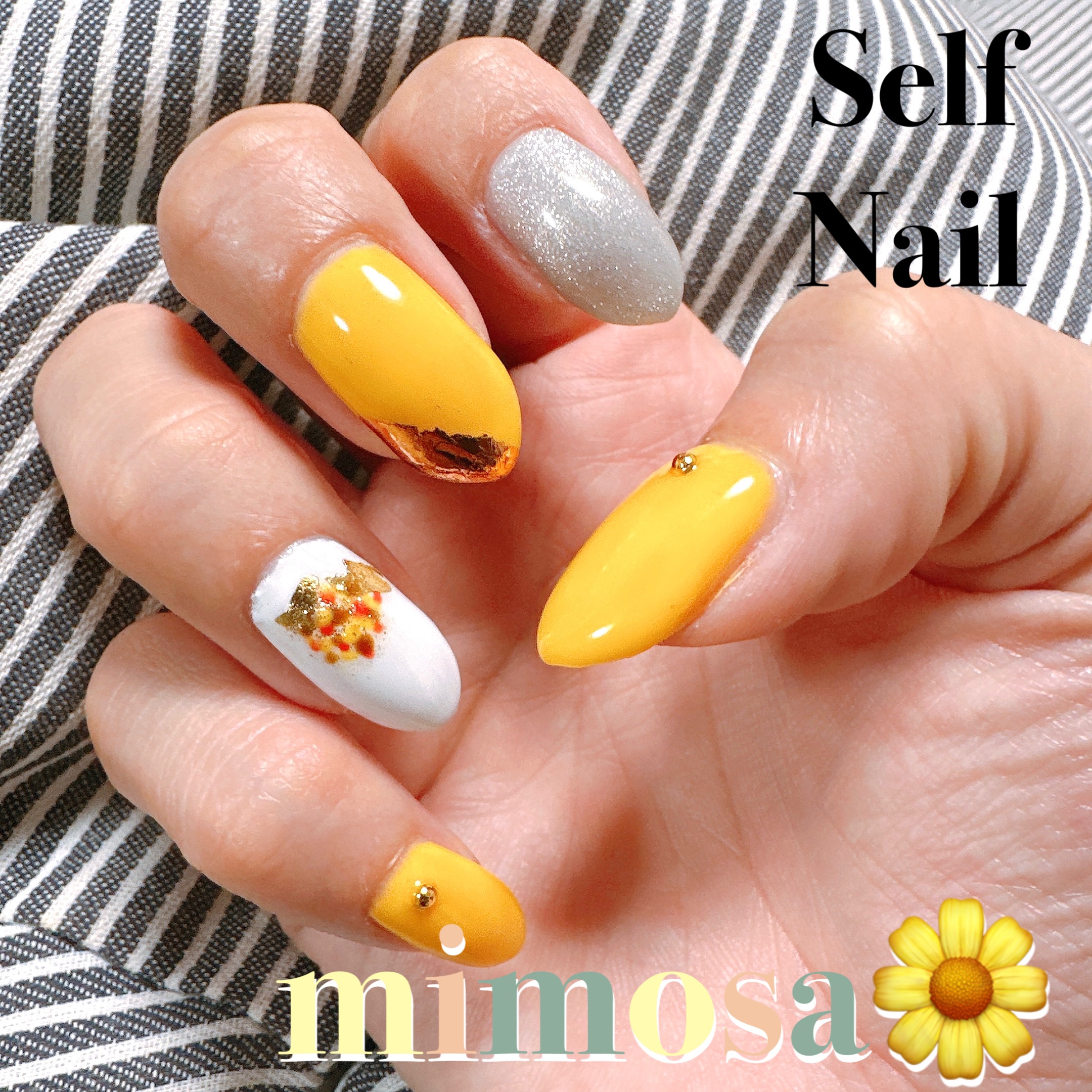 #セルフネイル,#ミモザネイル,#100均ネイル,#ジェルネイルのネイルデザイン