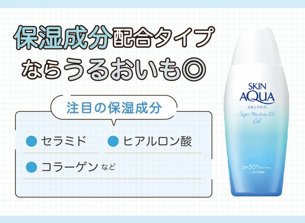 保湿成分配合タイプならうるおいも◎。注目の保湿成分はセラミド・ヒアルロン酸・コラーゲンなどです。