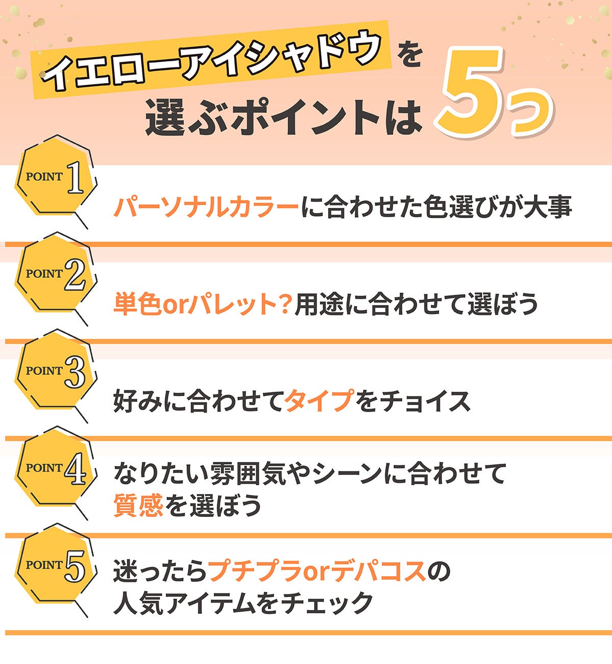 イエローアイシャドウを選ぶポイントは5つ!パーソナルカラーに合わせた色選びが大事。単色orパレット?用途に合わせて選ぼう。好みに合わせてタイプをチョイス。なりたい雰囲気やシーンに合わせて質感を選ぼう。迷ったらプチプラorデパコスの人気アイテムをチェック。