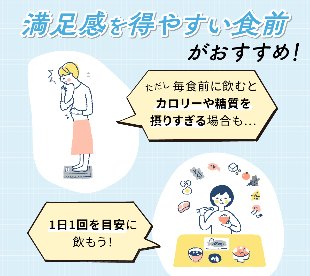 満足感を得やすい食前がおすすめ!ただし、毎食前に飲むとカロリーや糖質を摂りすぎる場合も。1日1回を目安に飲もう!