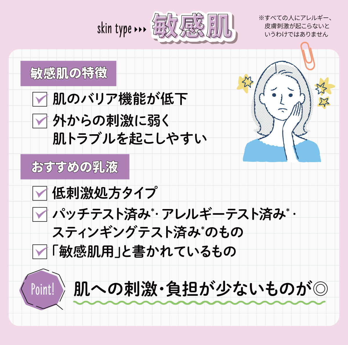 敏感肌は、肌のバリア機能が低下しており外からの刺激に弱く、肌トラブルを起こしやすいのが特徴。おすすめの乳液は、低刺激処方タイプやパッチテスト済み・アレルギーテスト済み・スティンギングテスト済みのもの。「敏感肌用」と書かれているもの。肌への刺激・負担が少ないものがおすすめ。