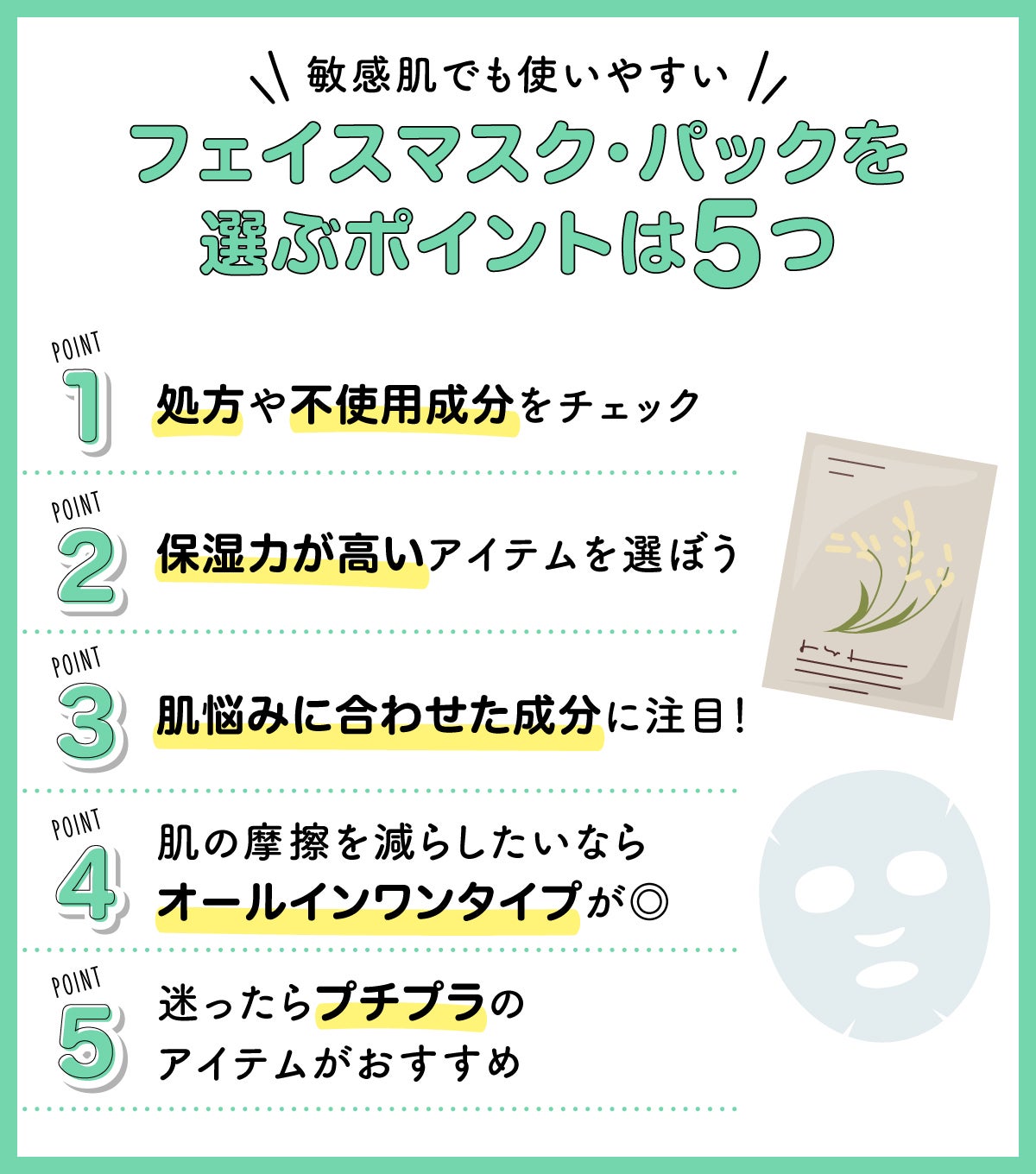 敏感肌でも使いやすいフェイスマスク・パックを選ぶポイントは5つ。処方や不使用成分をチェック。保湿力が高いアイテムを選ぼう。肌悩みに合わせた成分に注目!肌の摩擦を減らしたいならオールインワンタイプが◎迷ったらプチプラのアイテムがおすすめ。