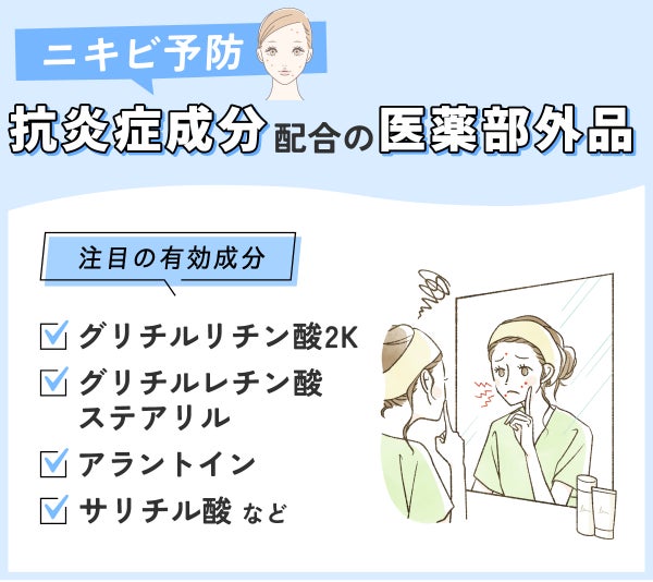 ニキビ予防には抗炎症成分配合の医薬部外品がおすすめ。注目の有効成分はグリチルリチン酸2K・グリチルレチン酸ステアリル・アラントイン・サリチル酸などです。