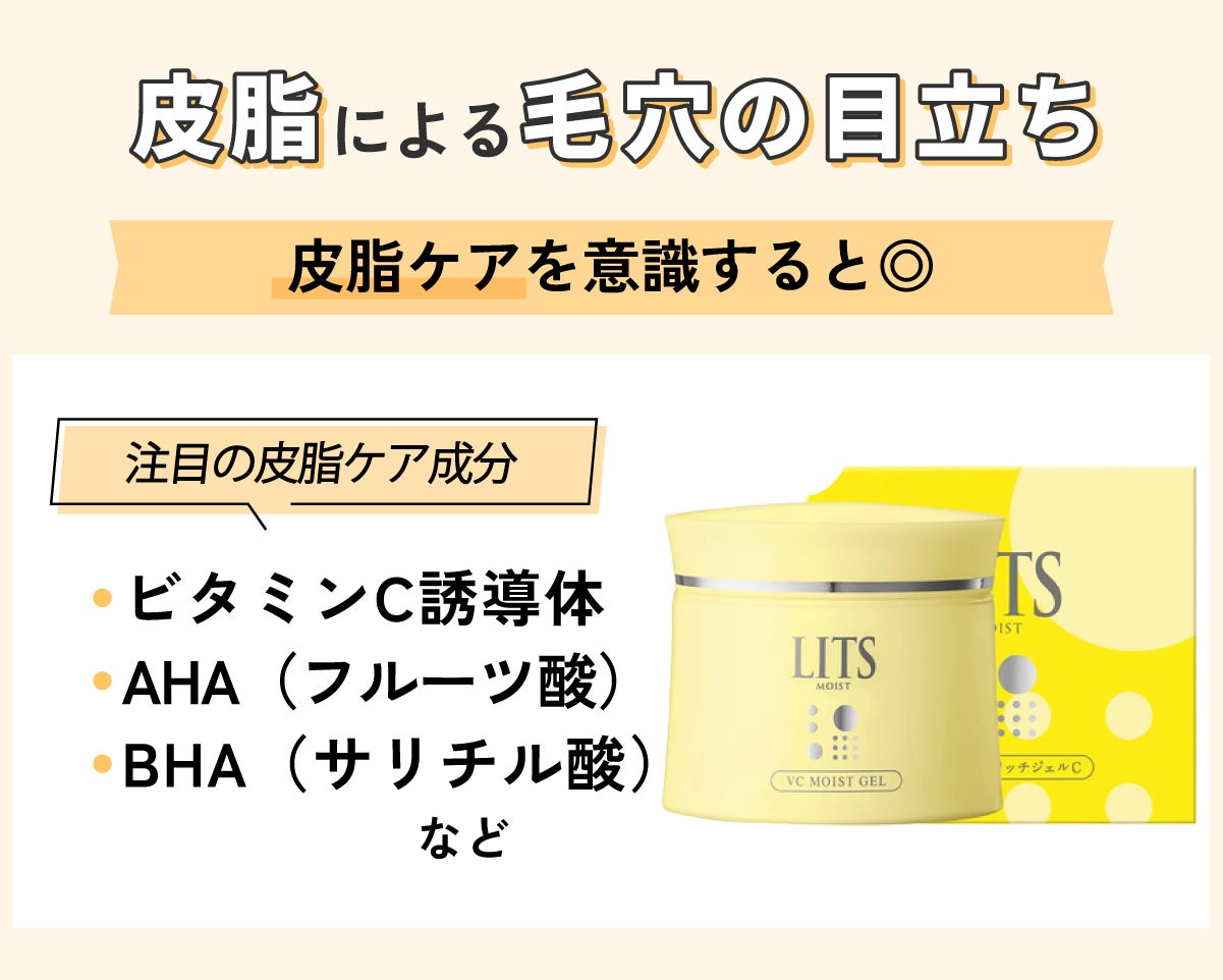 皮脂による毛穴の目立ちは皮脂ケアを意識すると◎。注目の皮脂ケア成分はビタミンC誘導体 、AHA(フルーツ酸)、BHA(サリチル酸)などです。