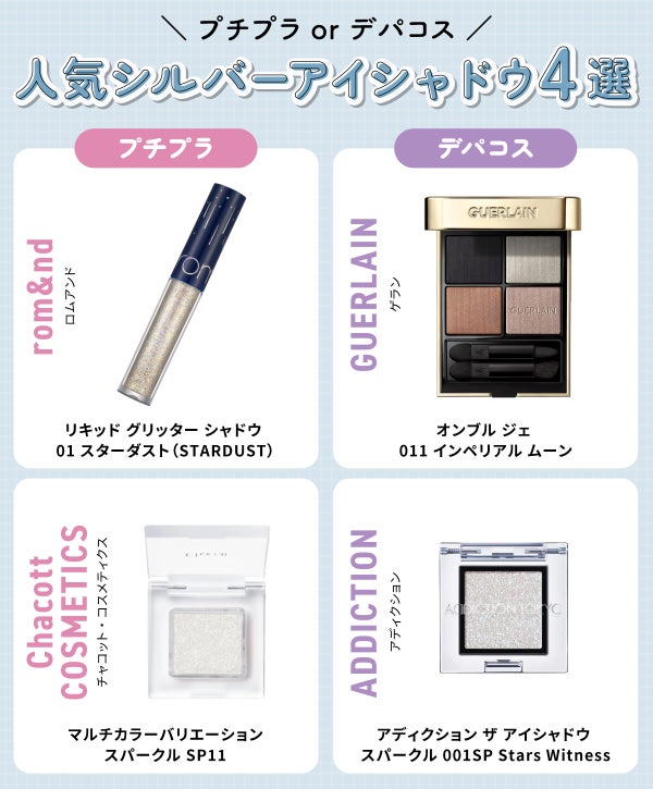 プチプラorデパコス人気シルバーアイシャドウ4選。プチプラはrom&nd(ロムアンド)リキッド グリッター シャドウ 01 スターダスト(STARDUST)・Chacott COSMETICS(チャコット・コスメティクス)マルチカラーバリエーション スパークル SP11。デパコスはGUERLAIN(ゲラン)オンブル ジェ N゜011 インペリアル ムーン・ADDICTION(アディクション)アディクション ザ アイシャドウ スパークル 001SP Stars Witness。